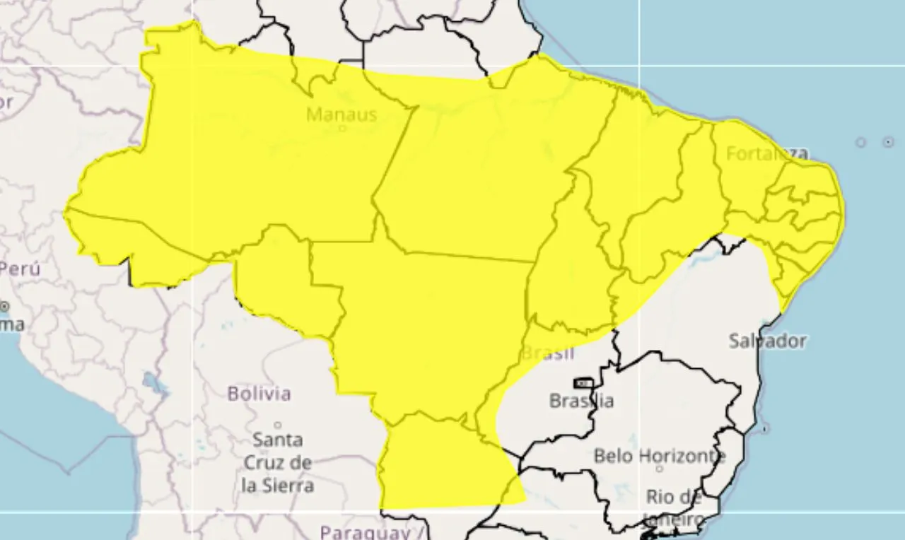 o mapa mostra &agrave;s &aacute;reas em alerta para chuva intensa e ventos